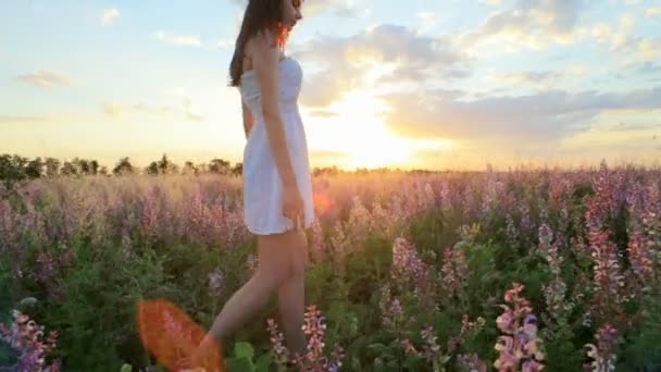 Kobieta na łące kwiatów - Materiał filmowy, wideo