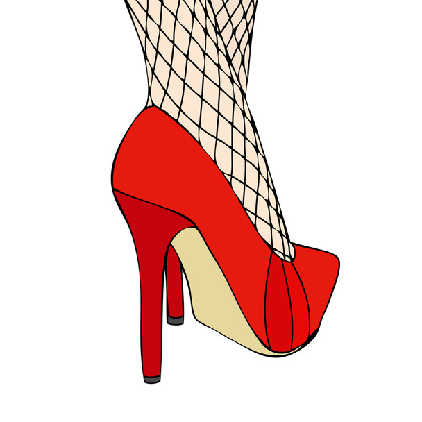 エレガントな赤い靴と網目のストッキングの女性 - ベクター画像