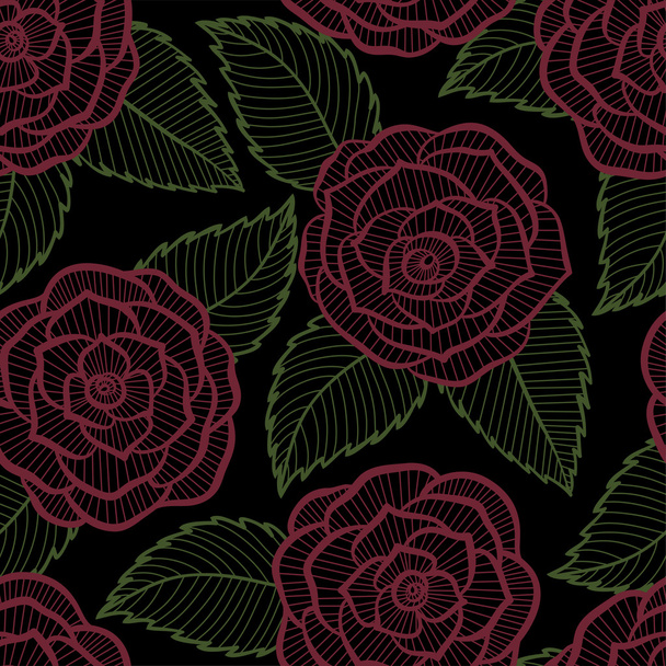 mooie naadloze zwart-wit patroon in rozen en bladeren lace. - Vector, afbeelding