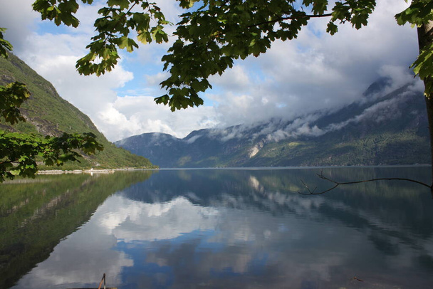 reflection of the sky and mountains in the blue water of the fjord - Eidfjord - 写真・画像