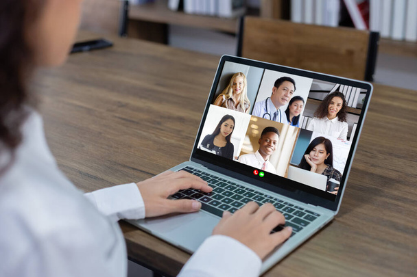 Conference video call communication, group talking online on laptop. telecommunication new normal concept. - Photo, Image