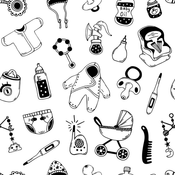 Baby clothes and toys seamless vector pattern. Hand drawn doodle on a white background. Contour rattles, nipples, strollers. Monochrome illustration for decoration and textile. Children's backdrop. - Vector, Image