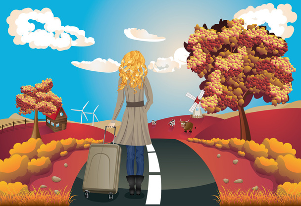 女の子と秋の風景 - ベクター画像