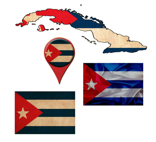 grunge Cuba flag, map and map pointers  - Photo, Image