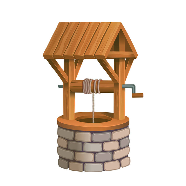 Old village stone well with wooden roof. Cartoon vector isolated on white background - Vettoriali, immagini