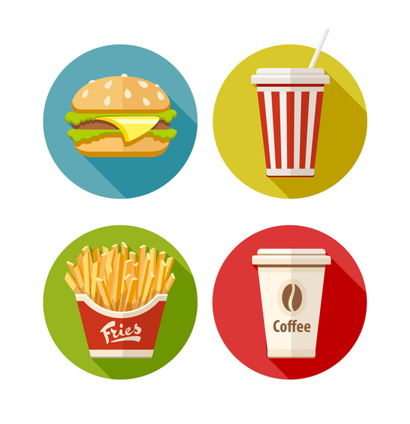 Sada plochých ikony s hamburger hranolky sody a kávy v pohárek - Vektor, obrázek