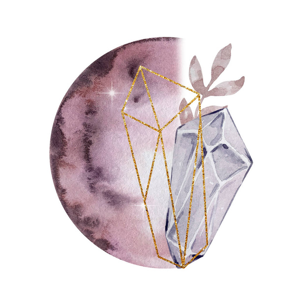 Watercolor illustration. Magical abstract composition. moon and gem stones and flowers. Magic illustration isolated on white background. - Фото, изображение