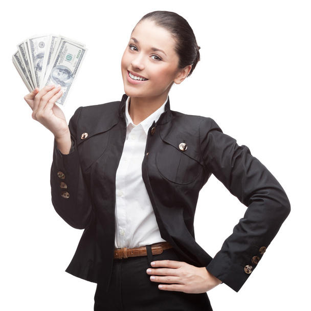 young cheerful businesswoman holding money - Photo, image