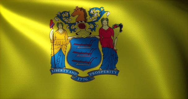 ニュージャージー州の旗、米国、折り目を振って、ビューを閉じる、 3Dレンダリング - 写真・画像