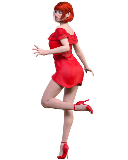 Beautiful redhead woman in light summer waving red dress.Summer clothes collection.Bright makeup.Woman studio photography.Conceptual fashion art.Seductive candid pose.Femme fatale.3D Render. - Foto, Imagen