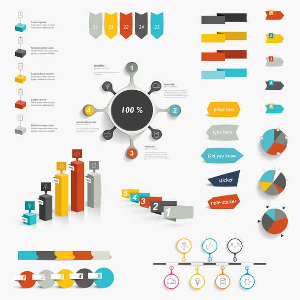 Set of infographic elements. Diagrams, speech bubbles, graphs, pie circle charts and icons. Vector shapes. - Vector, afbeelding