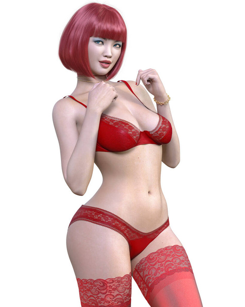 3D Beautiful sexy woman red lingerie and stockings.Woman studio photography.High heel.Conceptual fashion art.Seductive candid pose.Render isolated illustration.Summer intimate clothes. - 写真・画像