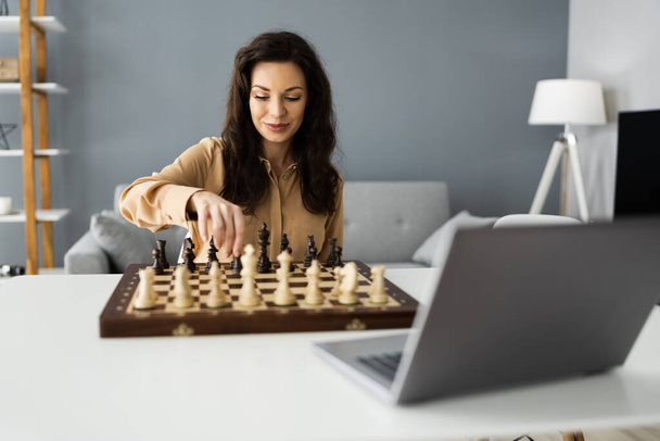 Woman Playing Chess Online Using Video Conference Call - Fotografie, Obrázek