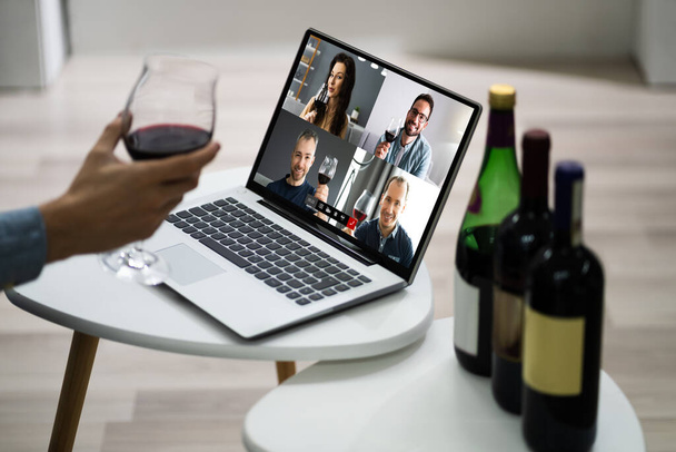 Virtual Wine Tasting Event Party On Laptop - 写真・画像