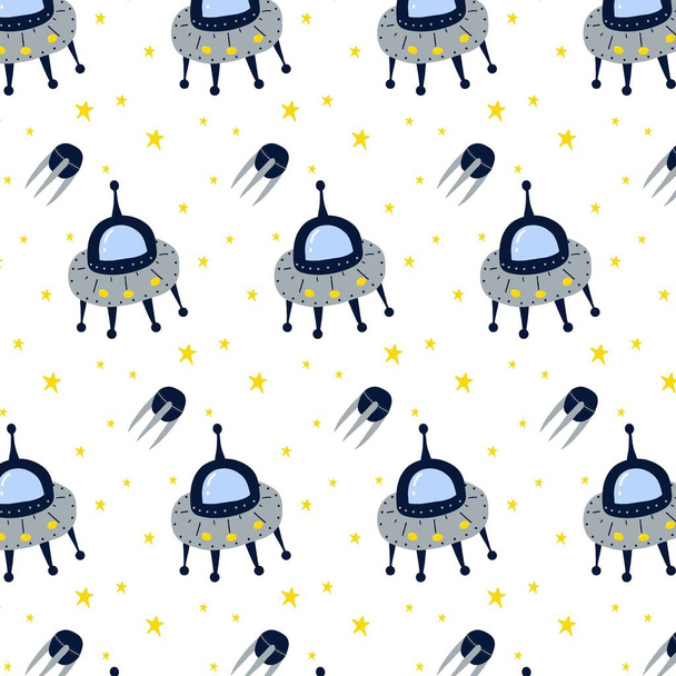 Childrens hand-drawn pattern with flying saucer. UFO pattern. The pattern is suitable for fabrics, prints, cards, posters and wrapping paper. - Вектор,изображение