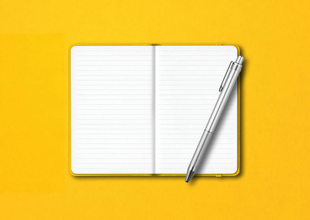 Yellow open lined notebook mockup with a pen isolated on colorful background - Fotó, kép