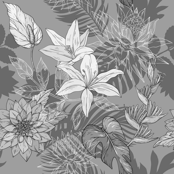 Monochrome hand draw seamless pattern with tropical flowers, blossom cluster seamless background - Διάνυσμα, εικόνα