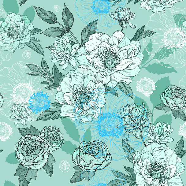 Seamless monochrome turquoise pattern with peonies and leaves, flower buds. Line art, vintage graphics. - Vektor, obrázek
