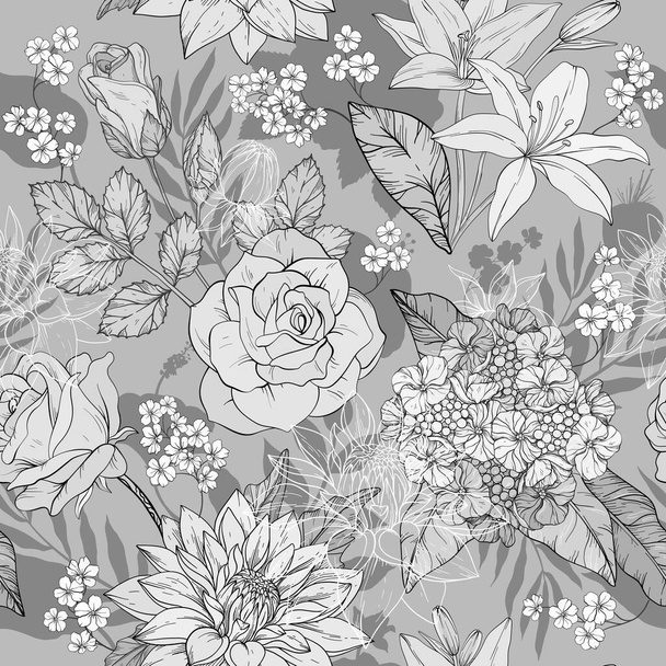 black and white monochrome hand draw seamless pattern with elegant flowers, blossoming floral elements - Вектор, зображення