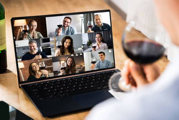 Virtual Wine Tasting By Friends Over Internet Using Video Conference - Фото, зображення
