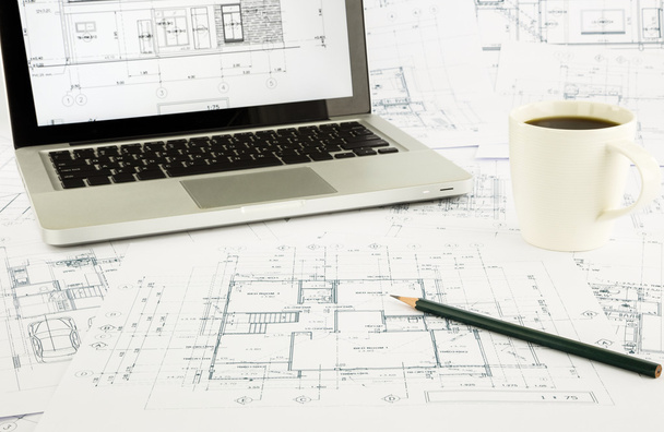 house blueprints and floor plan with laptop - Photo, Image