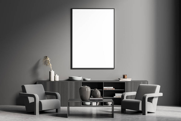 Mockup canvas in the grey waiting room. Sideboard, coffee table and two armchairs, creating symmetrical balance in interior. Concrete floor. A concept of modern house design. 3d rendering - Foto, imagen