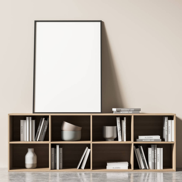 Close view on living room interior with large white empty poster, bookshelf with books and crockery and concrete floor. Concept of minimalist design. Mock up. 3d rendering - Foto, Imagem