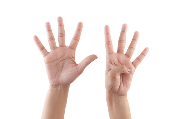 Frauenhände zeigen fünf Finger auf weißem Hintergrund - Foto, Bild