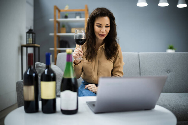 Virtual Wine Tasting Dinner Event Using Laptop - Photo, image