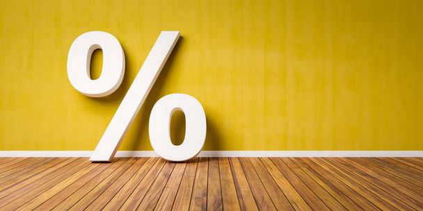 White Percent Sign on Brown Wooden Floor Against yellow Wall - Sale Concept - 3D Illustration - 写真・画像