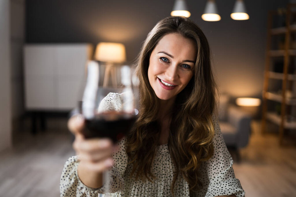 Romantic Home Dinner Video Conference With Wine - 写真・画像