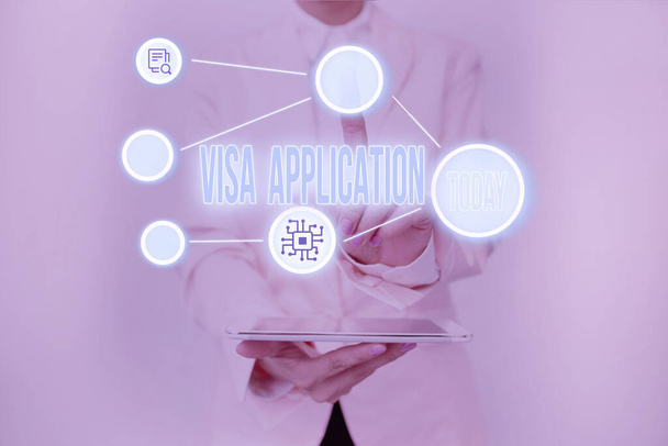 Conceptual display Visa Application. Business approach an process of getting an entry permit to a foreign land Lady Holding Tablet Pressing On Virtual Button Showing Futuristic Tech. - Photo, Image