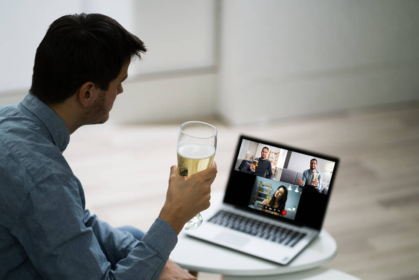 Online Virtual Beer Drinking Party On Laptop - Фото, изображение
