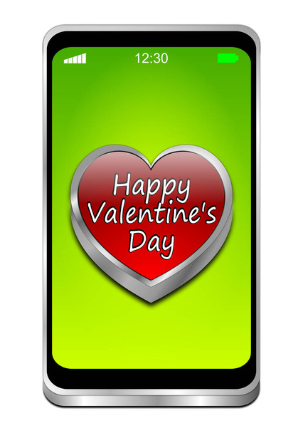 Smartphone with Happy Valentine's Day on green deisplay - 3D illustration - Zdjęcie, obraz