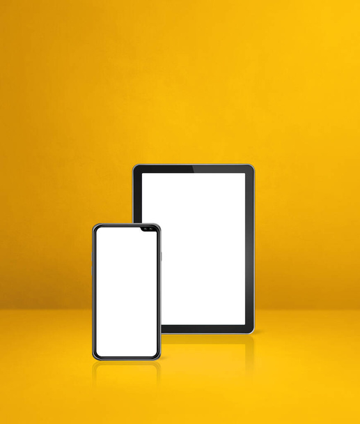 Mobile phone and digital tablet pc on yellow office desk. 3D Illustration - Foto, afbeelding
