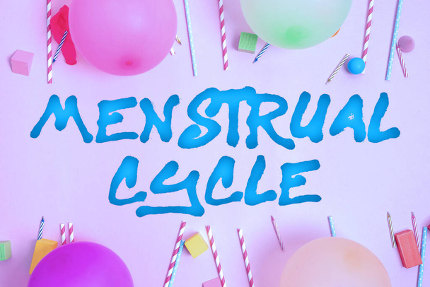 Teksten weergeven Menstruatiecyclus. Internet Concept maandelijkse cyclus van veranderingen in de eierstokken en baarmoeder voering Kleurrijke verjaardag Party Designs Heldere viering Planning Ideeën - Foto, afbeelding