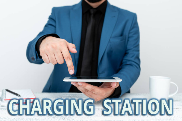 Text sign showing Charging Station. Word Written on places where showing charge their electric equipment Presenting Communication Technology Smartphone Voice And Video Calling - Photo, Image