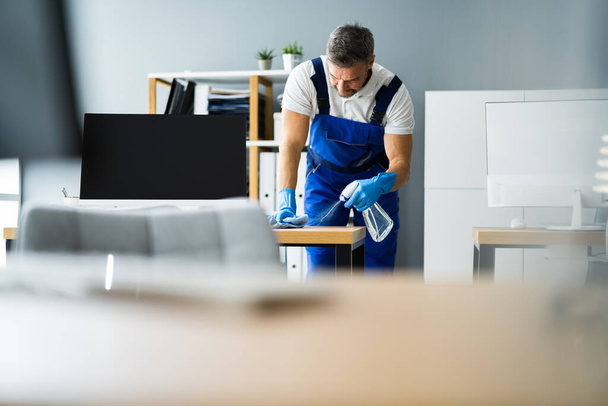 Professional Workplace Janitor Service. Office Desk Cleaning - Zdjęcie, obraz