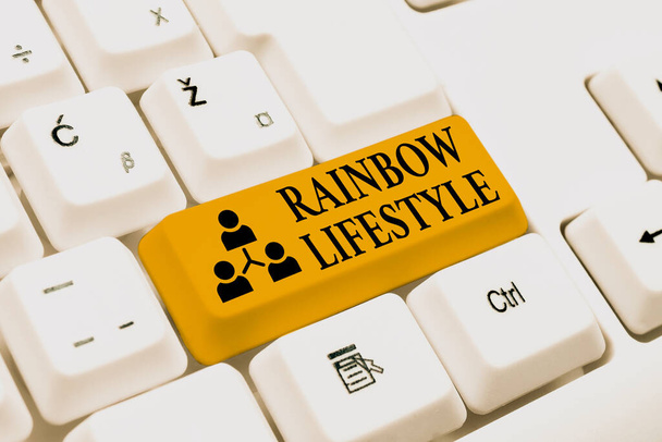 Conceptual caption Rainbow Lifestyle. Business concept same sex couple or individual within the LGBT community Typing Game Program Codes, Programming New Playable Application - Photo, Image