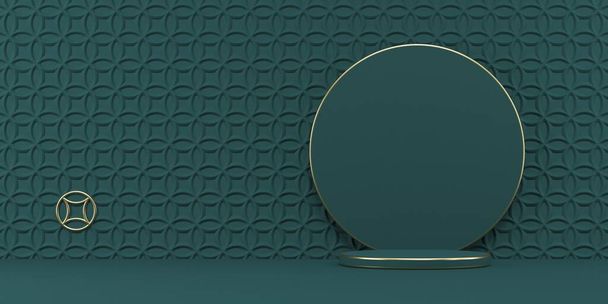 Mock up podium for product presentation circle with textured wall 3D render illustration on green background - Foto, imagen