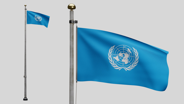 3D, σημαία των Ηνωμένων Εθνών κυματίζει στον άνεμο. Κοντινό πλάνο του ΟΗΕ blowing banner, μαλακό και λείο μετάξι. Ύφασμα υφάσματος υφή σημάνει φόντο. Χρησιμοποιήστε το για την εθνική ημέρα και χώρα περιπτώσεις έννοια. - Φωτογραφία, εικόνα
