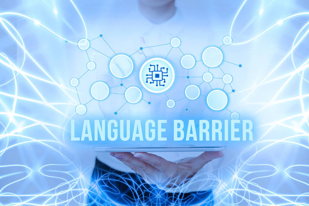Text sign showing Language Barrier. Business approach difficulties in communication Speaking different language Lady In Uniform Standing Holding Tablet Typing Futuristic Technologies. - Photo, Image