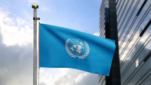 3D, прапор Організації Об "єднаних Націй розмахує вітром з сучасним містом хмарочосів. Закриття прапора ООН, який дує, м'який і гладкий шовк. Текстура тканин тканин надає тло. - Фото, зображення