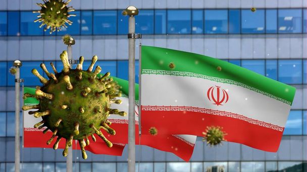 3D, коронавирус гриппа плавающий над иранским флагом с современным небоскребом города,. Иранское знамя, размахивающее пандемией вируса Covid19. Настоящая тканевая текстура - Фото, изображение