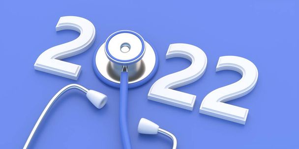 2022 wishing you stay in good health. Healthcare, checkup for happy and healthy new year concept. White number and medical stethoscope against blue color background. 3d illustration - Photo, Image