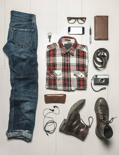 men's clothes, sunglasses, shoes, glasses, jeans, leather, jacket, hat, wallet - Фото, зображення