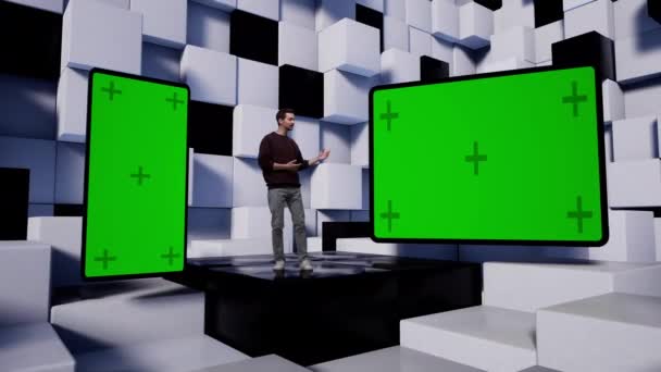 Fernsehmoderator in virtuellen Studionachrichten mit weißen und schwarzen Würfeln. - Filmmaterial, Video