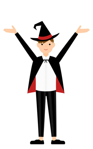 Halloween costume, boy in wizard costume raising his arms - Vector, Image