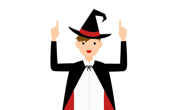 Halloween-Kostüm, Junge im Zaubererkostüm zeigt mit beiden Händen - Vektor, Bild