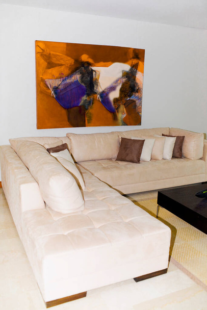 modern living room interior with sofa and pillows - Fotoğraf, Görsel